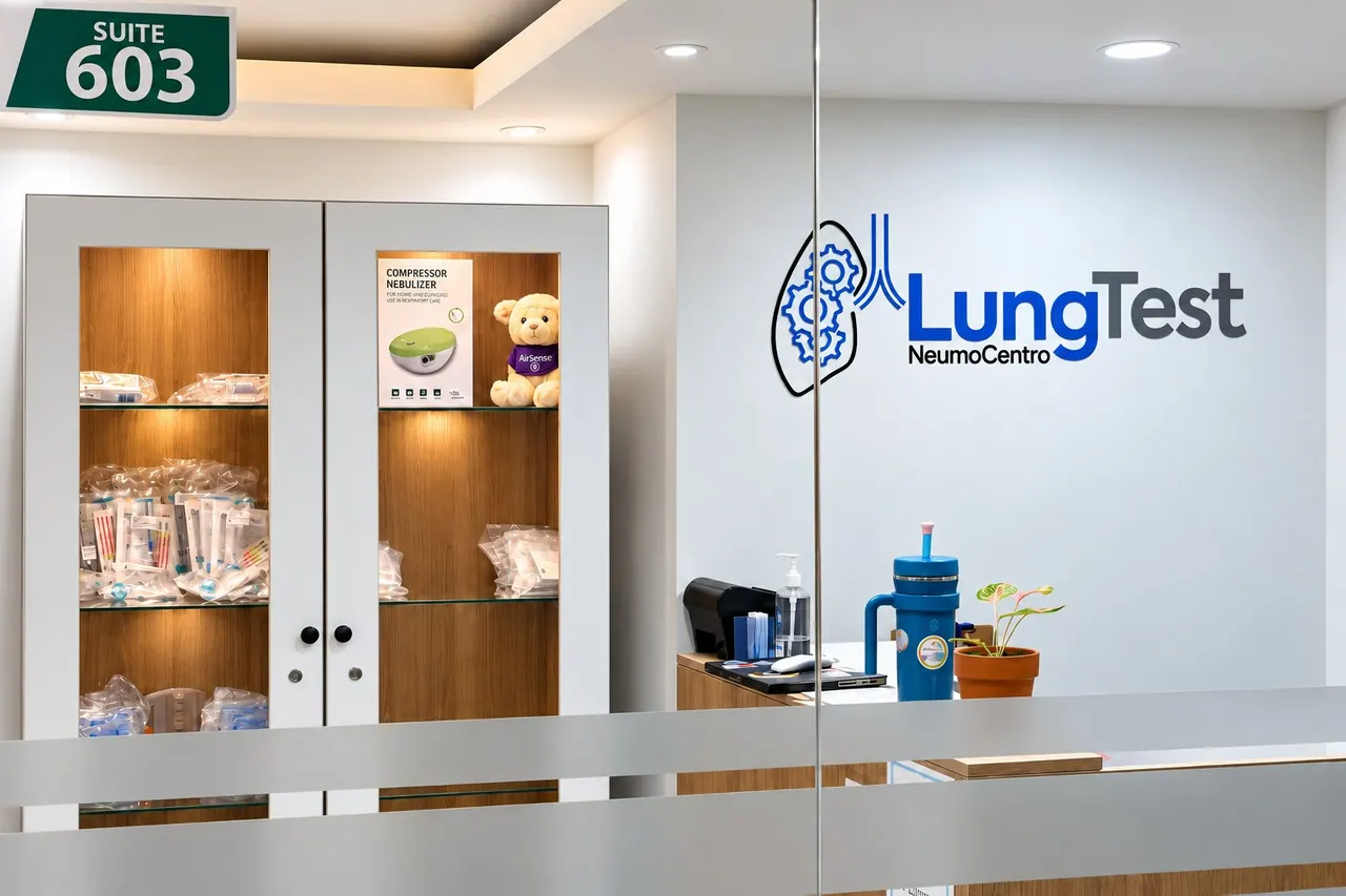 Recepción de LungTest Neumocentro con el logo en la pared